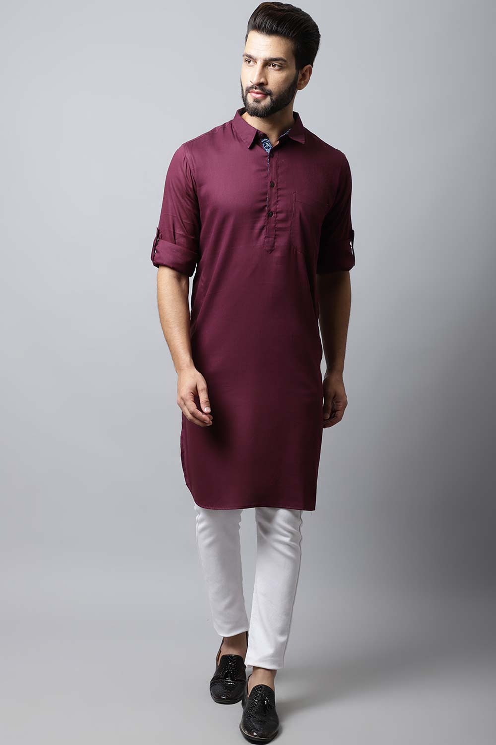 Men's Dark Maroon Solid Full Sleeve Long Kurta Top