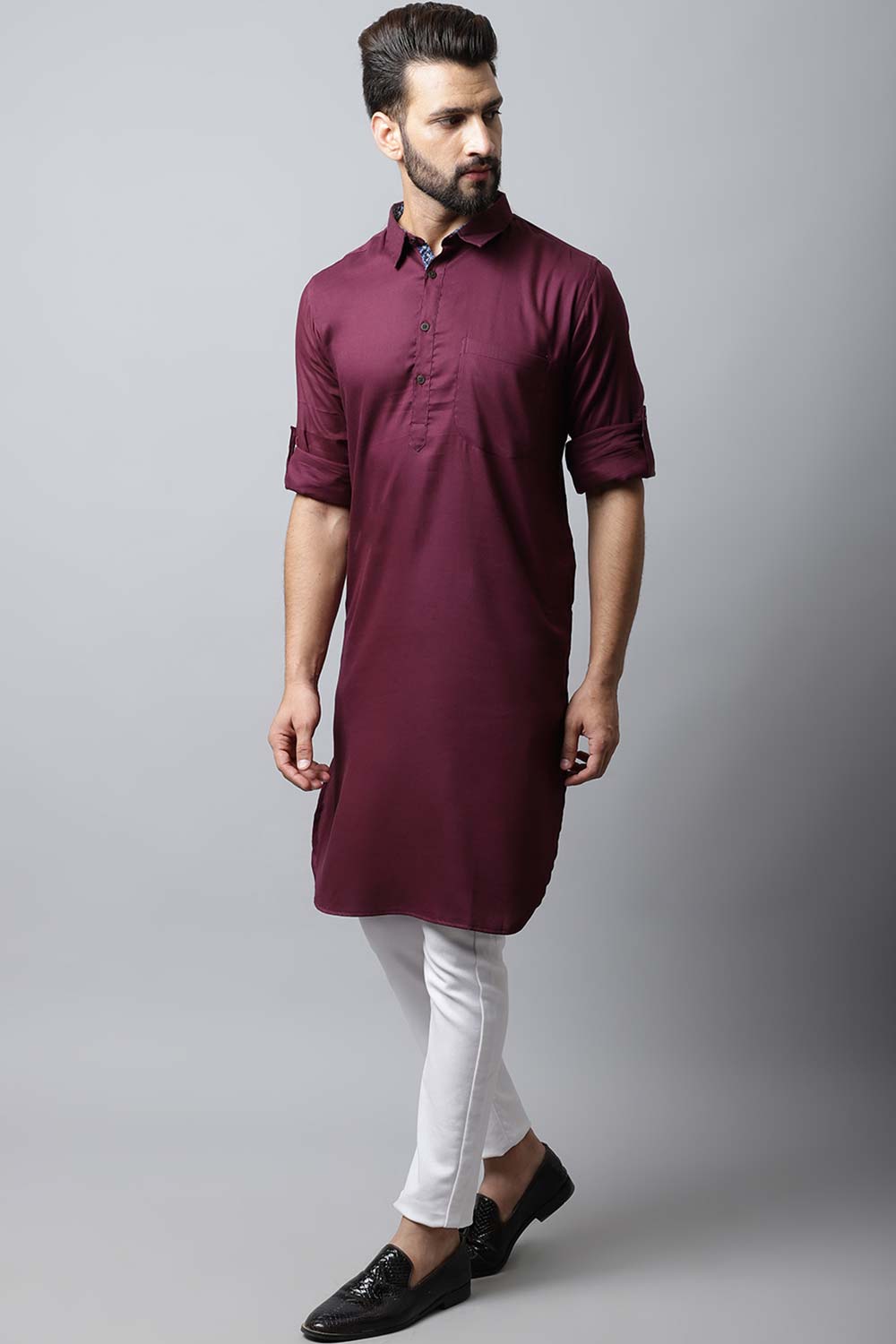 Men's Dark Maroon Solid Full Sleeve Long Kurta Top