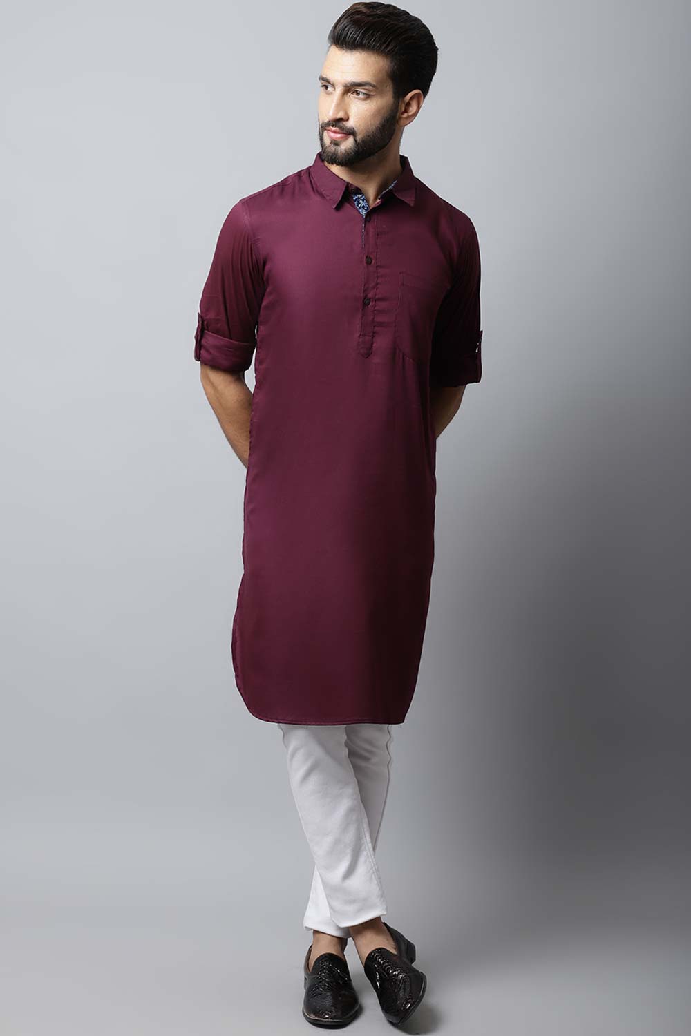 Men's Dark Maroon Solid Full Sleeve Long Kurta Top