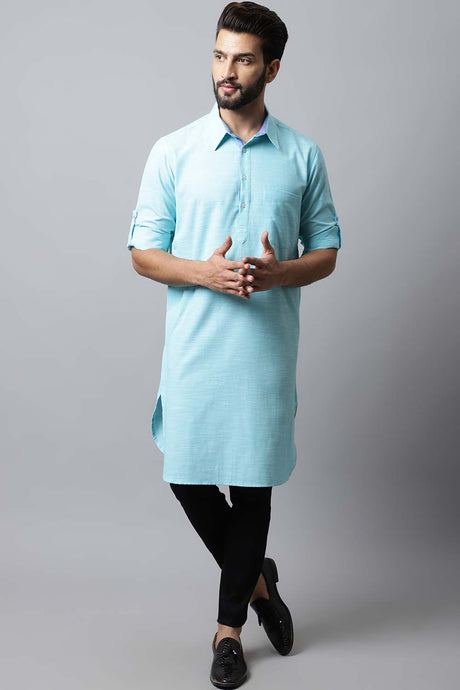 Men's Dark Blue Self-Design Full Sleeve Long Kurta Top