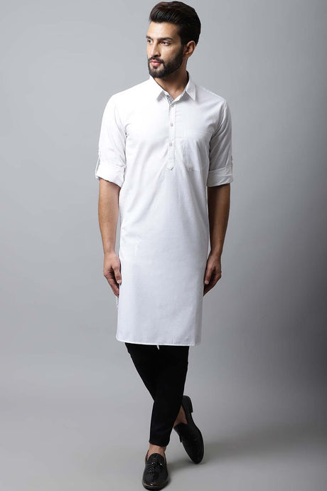 Men's Light White Self-Design Full Sleeve Long Kurta Top