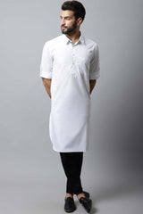 Men's Light White Self-Design Full Sleeve Long Kurta Top
