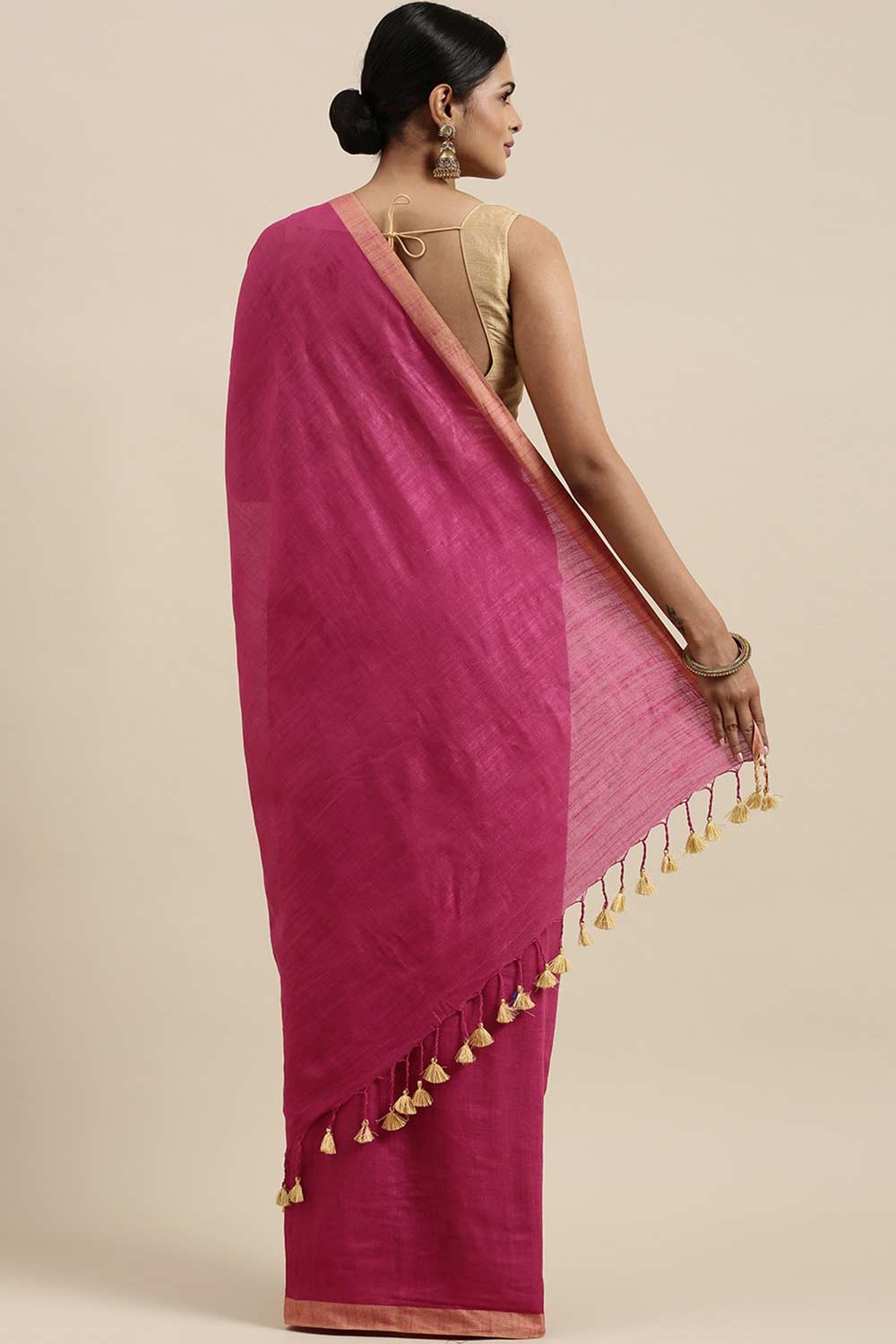 Buy Linen Blend Solid Saree in Pink Online - Back