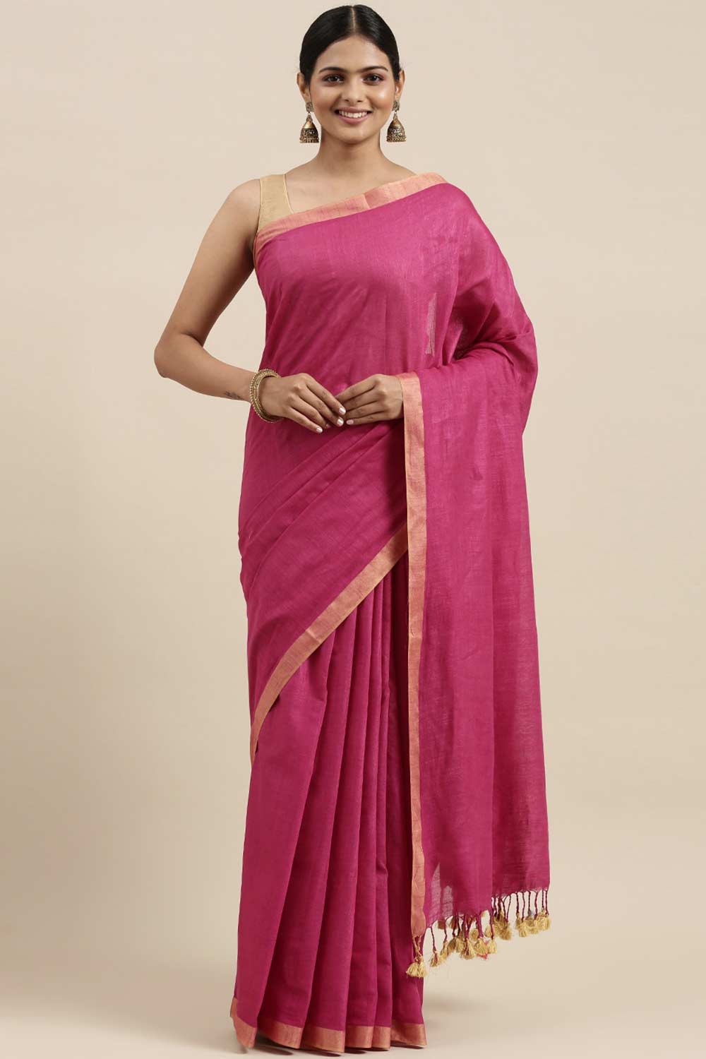 Buy Linen Blend Solid Saree in Pink Online