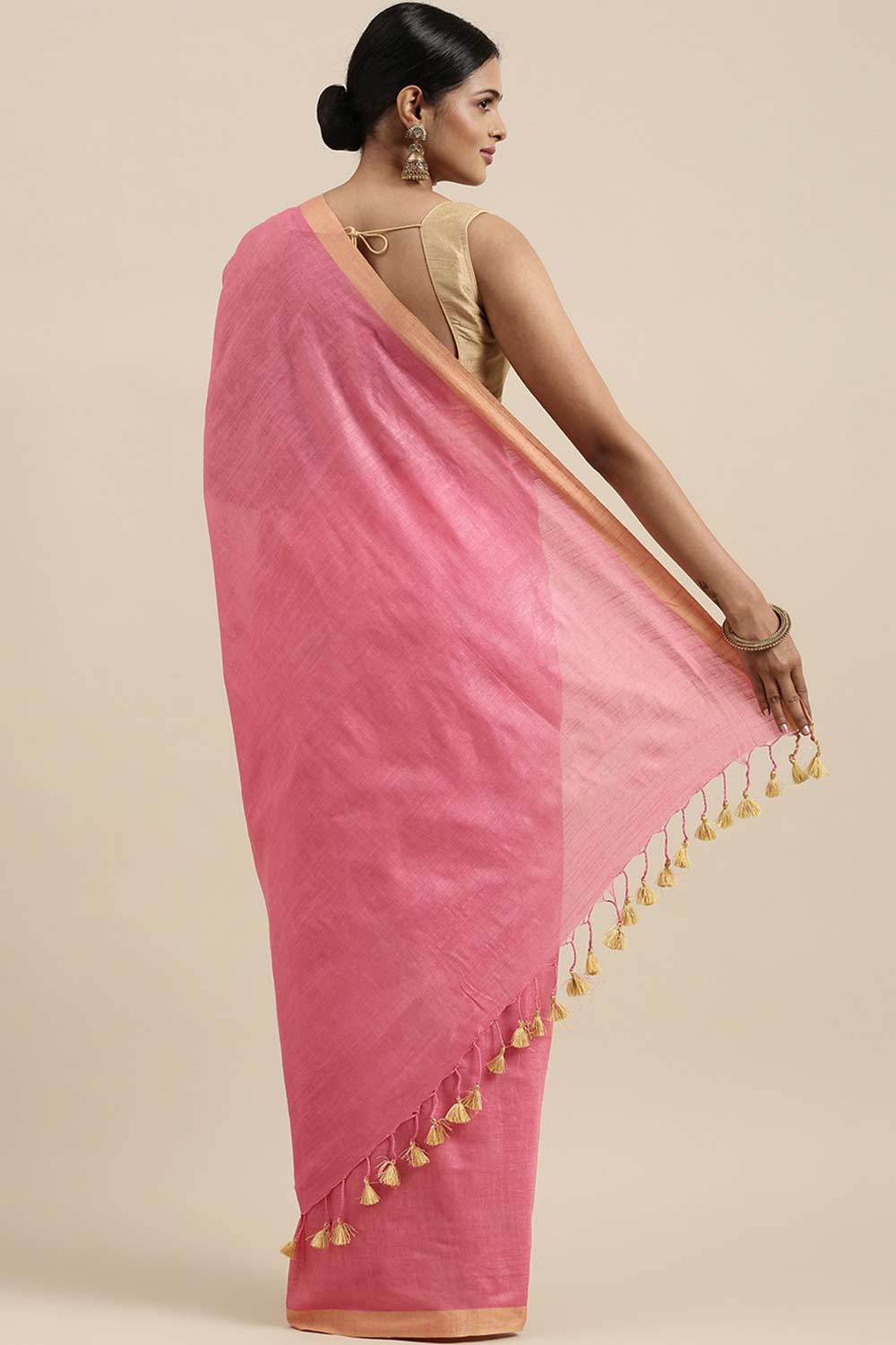 Buy Linen Blend Solid Saree in Pink Online - Back