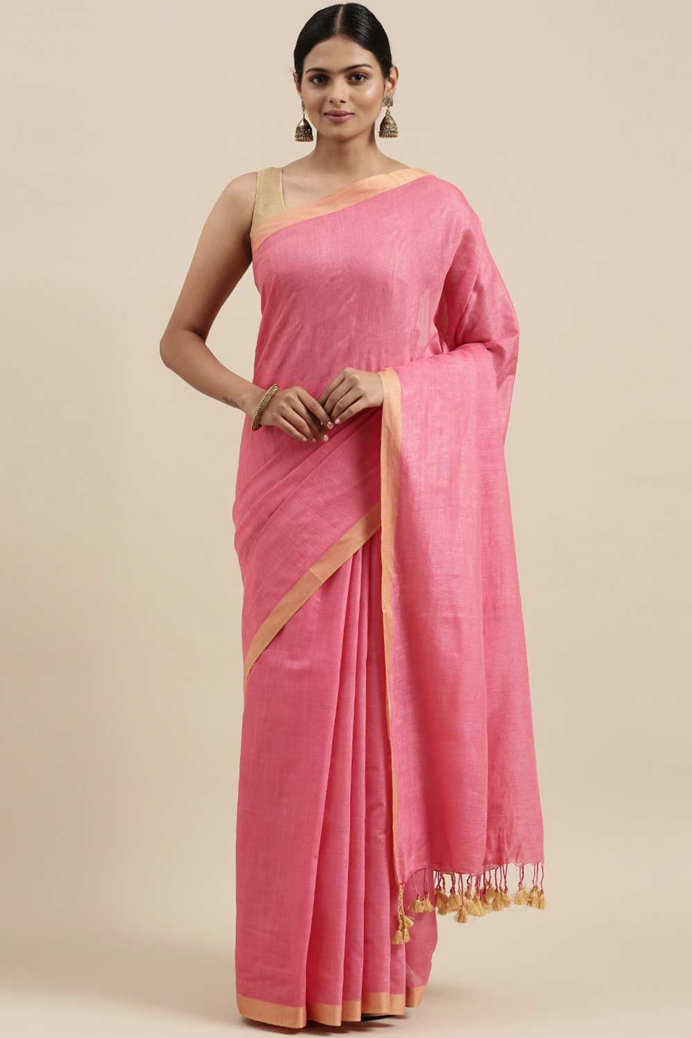 Buy Linen Blend Solid Saree in Pink Online