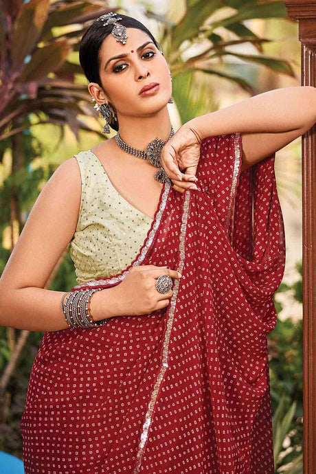 Buy Maroon Georgette Bandhani Embellished Saree Online - Back