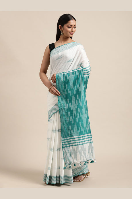 Buy Linen Woven Saree in White