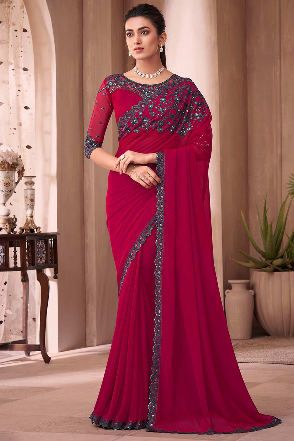 Buy Pink Georgette Embellished Saree Online