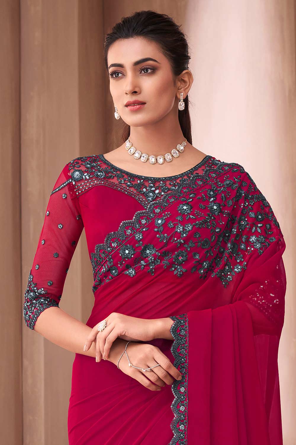 Buy Pink Georgette Embellished Saree Online - Front