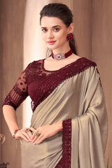 Buy Beige Georgette Embellished Saree Online - Front