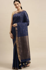 Buy Art Silk Woven Saree in Navy Blue