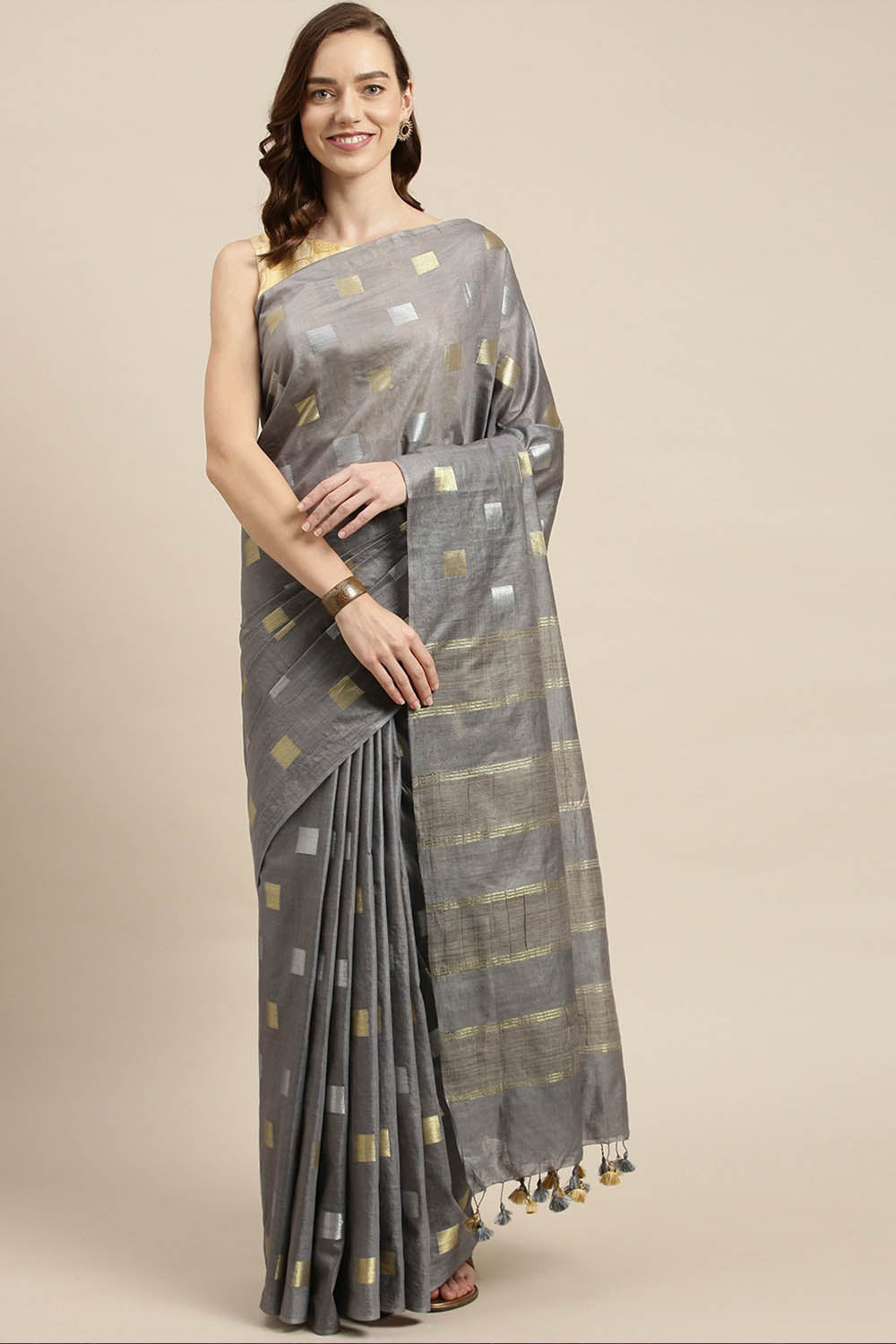 Buy Art Silk Woven Saree in Grey