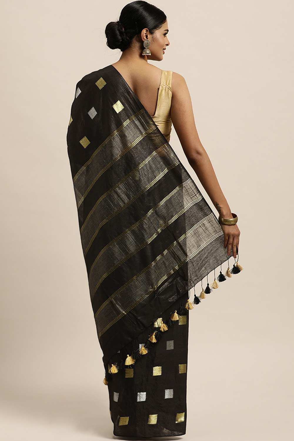 Buy Silk Blend Zari Woven Saree in Black Online - Back