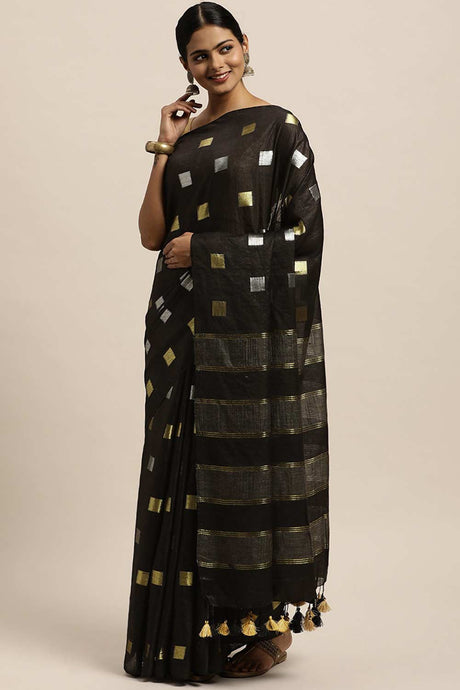 Buy Silk Blend Zari Woven Saree in Black Online