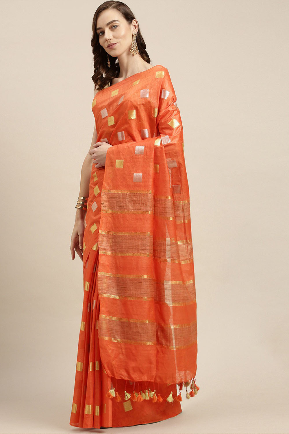 Buy Art Silk Woven Saree in Orange