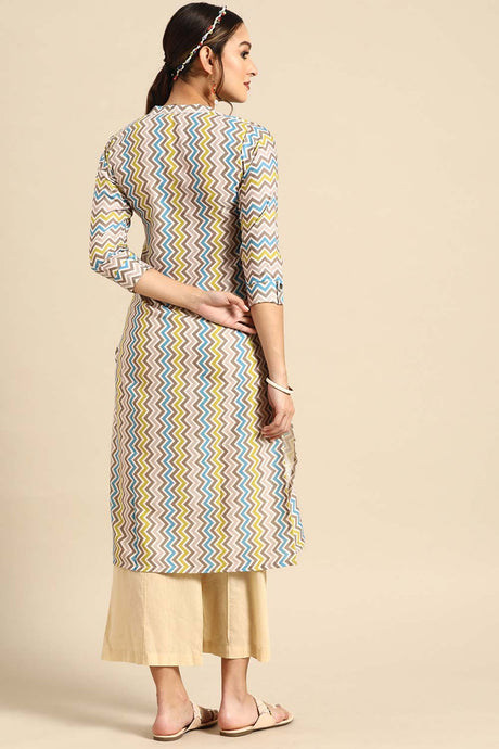 Buy Cream Rayon Stripe Printed Long Kurtis Online - Side