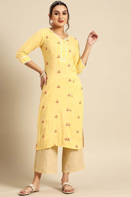 Buy Yellow Rayon Floral Embroidered Long Kurtis Online