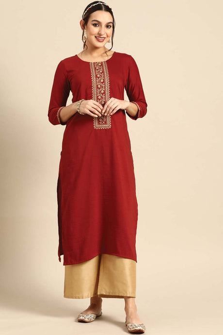 Buy Maroon Chinon Floral Embroidered Long Kurtis Online - Front