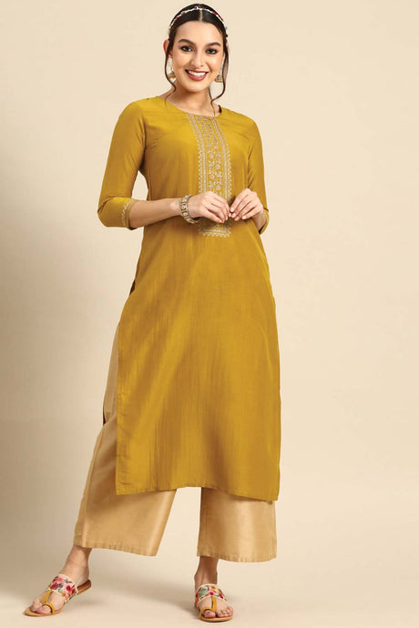 Buy Mustard Chinon Floral Embroidered Long Kurtis Online - Front