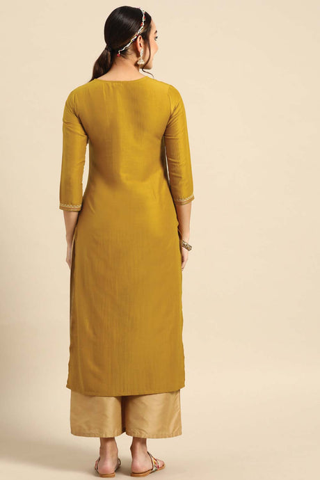 Buy Mustard Chinon Floral Embroidered Long Kurtis Online - Zoom In