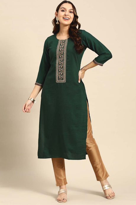 Buy Green Chinon Floral Embroidered Long Kurtis Online - Front
