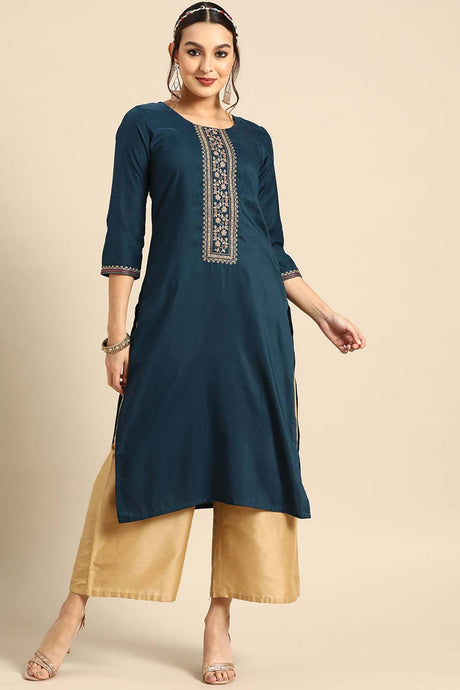 Buy Blue Chinon Floral Embroidered Long Kurtis Online - Front