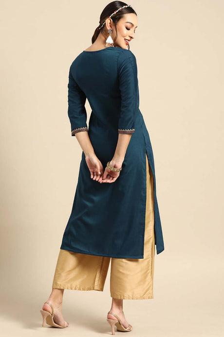 Buy Blue Chinon Floral Embroidered Long Kurtis Online - Zoom In