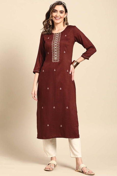 Buy Maroon Poly Rayon Floral Printed Long Kurtis Online - Front