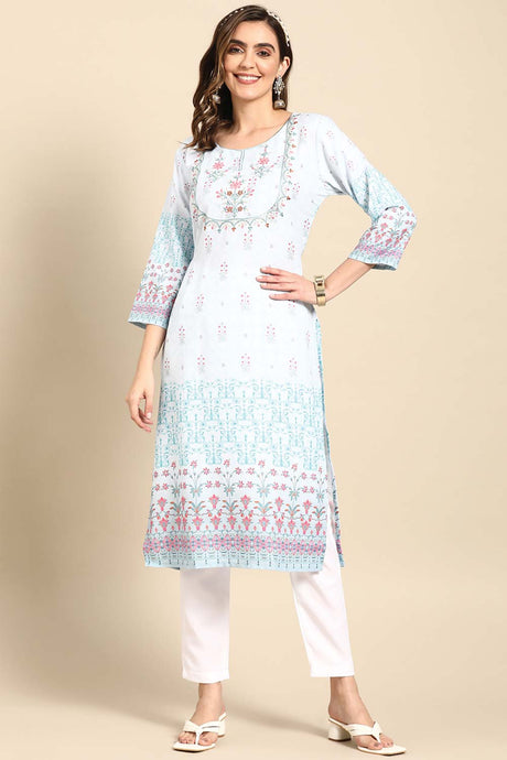 Buy Light Blue Poly Rayon Floral Printed Knee Kurta Online - Front