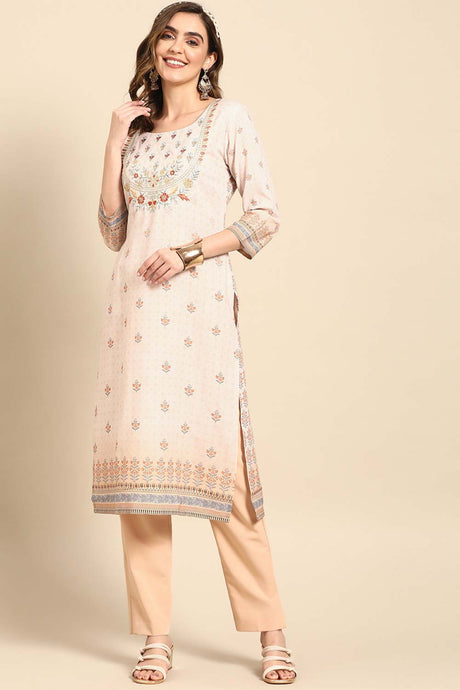 Buy Beige Poly Rayon Floral Printed Knee Kurta Online - Front