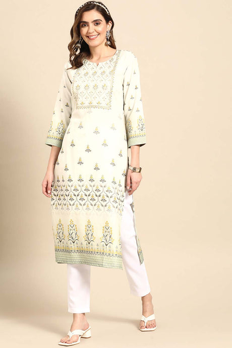 Buy Light Green Poly Rayon Floral Printed Knee Kurta Online - Front
