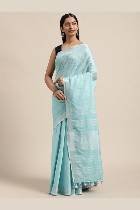 Buy Linen Woven Saree in Blue