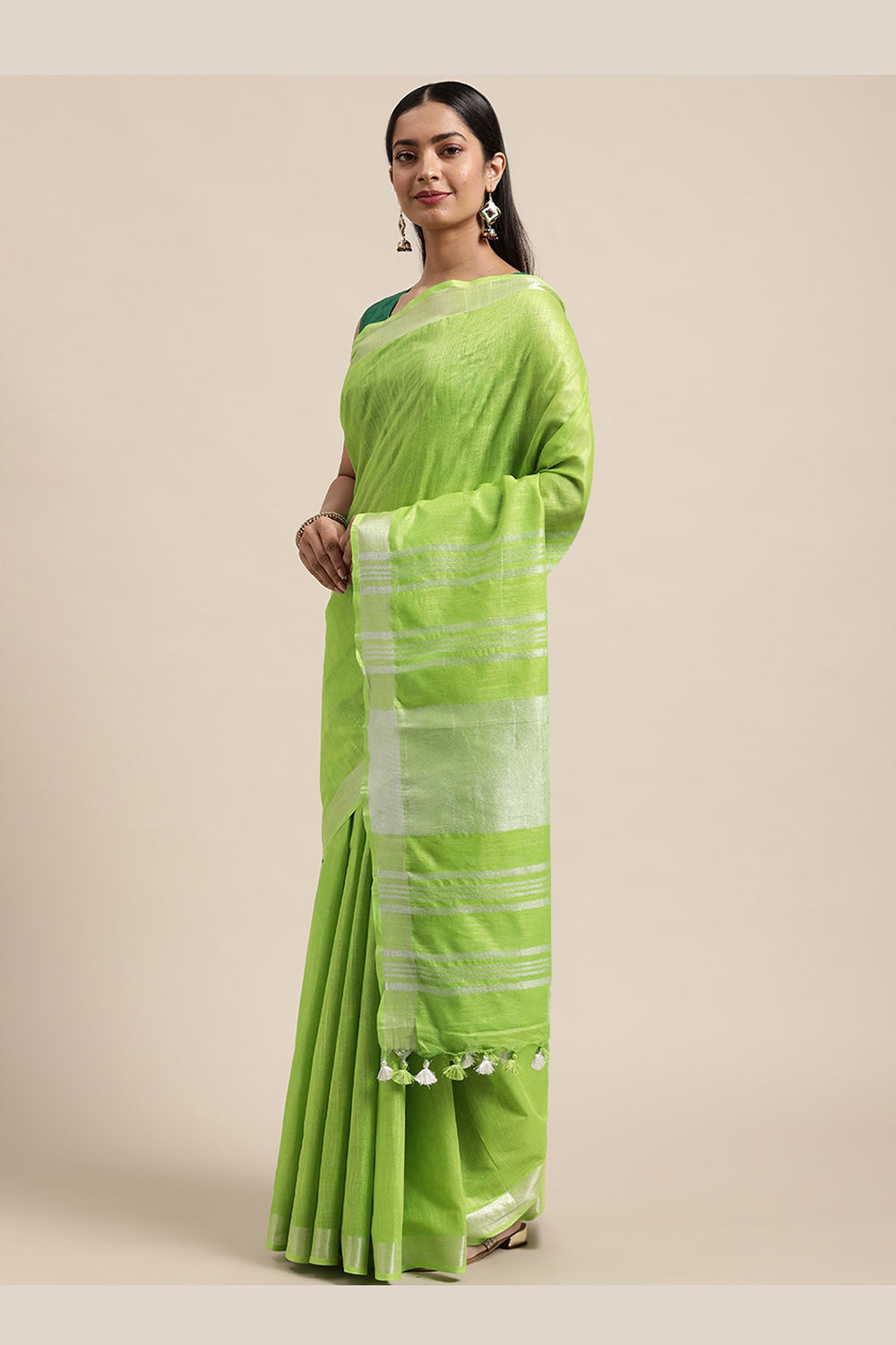 Buy Linen Woven Saree in Green