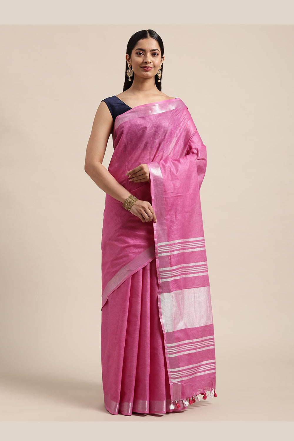 Buy Linen Woven Saree in Pink