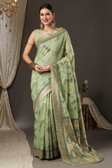 Light Green Cotton Blend Botanical Woven Design Bagru Saree