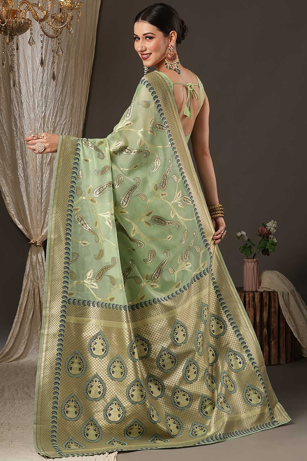 Light Green Cotton Blend Botanical Woven Design Bagru Saree