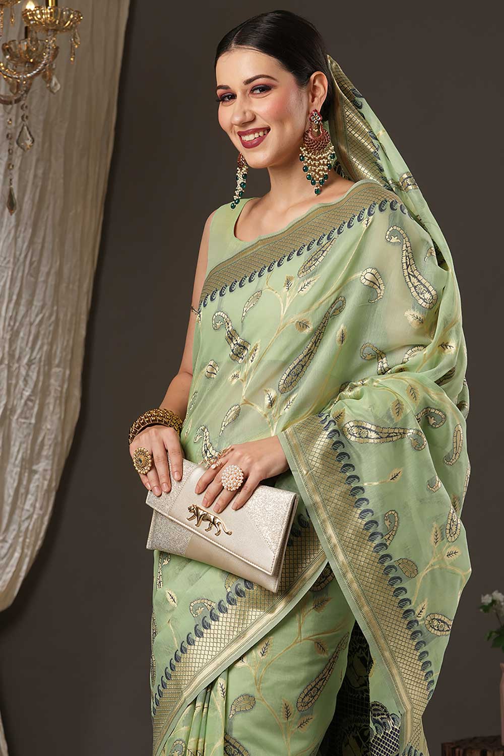 Light Green Cotton Blend Botanical Woven Design Bagru Saree