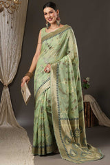 Light Green Cotton Blend Botanical Woven Design Bagru Saree