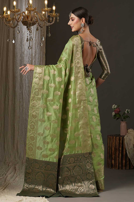 Light Green Organza Floral Woven Design Muga Saree