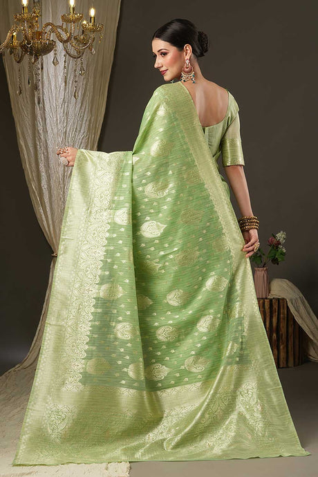 Light Green Cotton Blend Dabu Woven Design Muga Saree