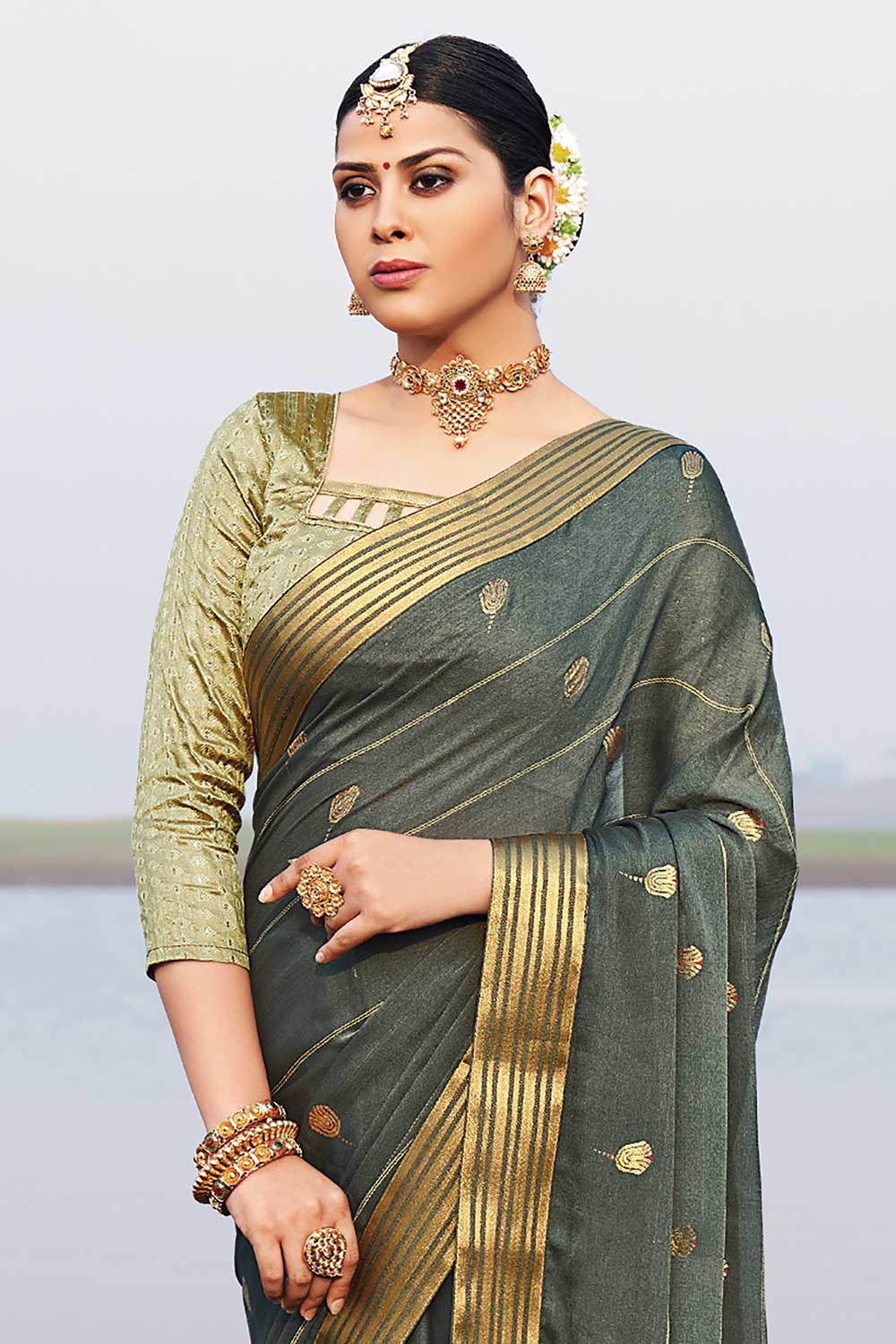 Grey Chiffon Embellished Saree