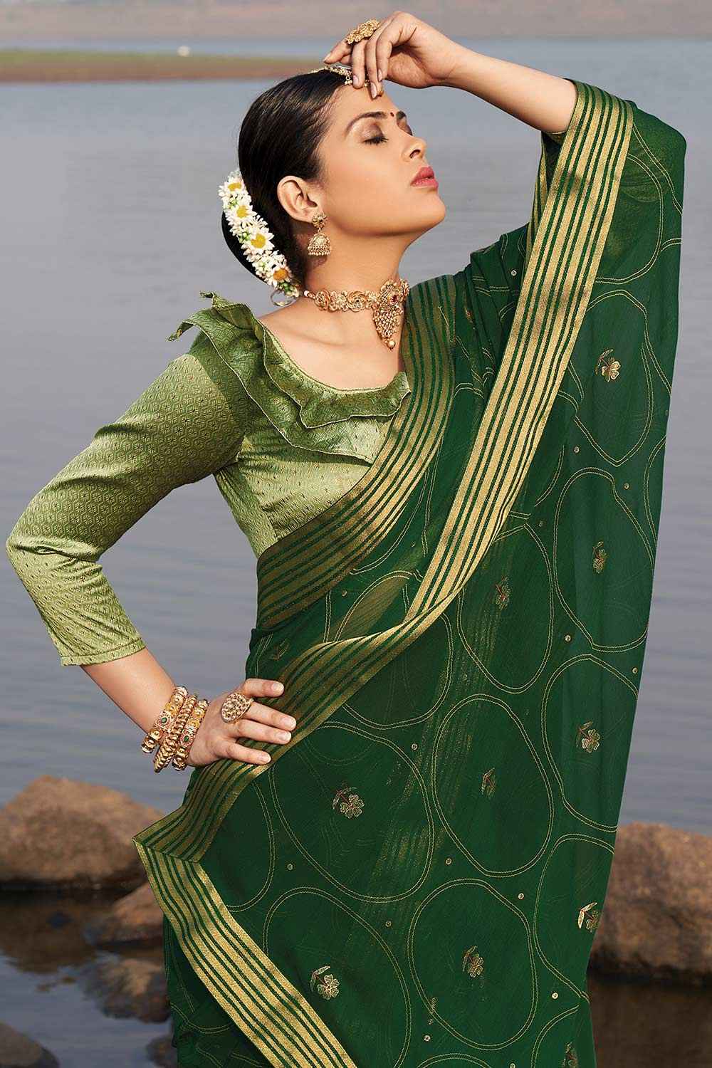 Green Chiffon Embellished Saree