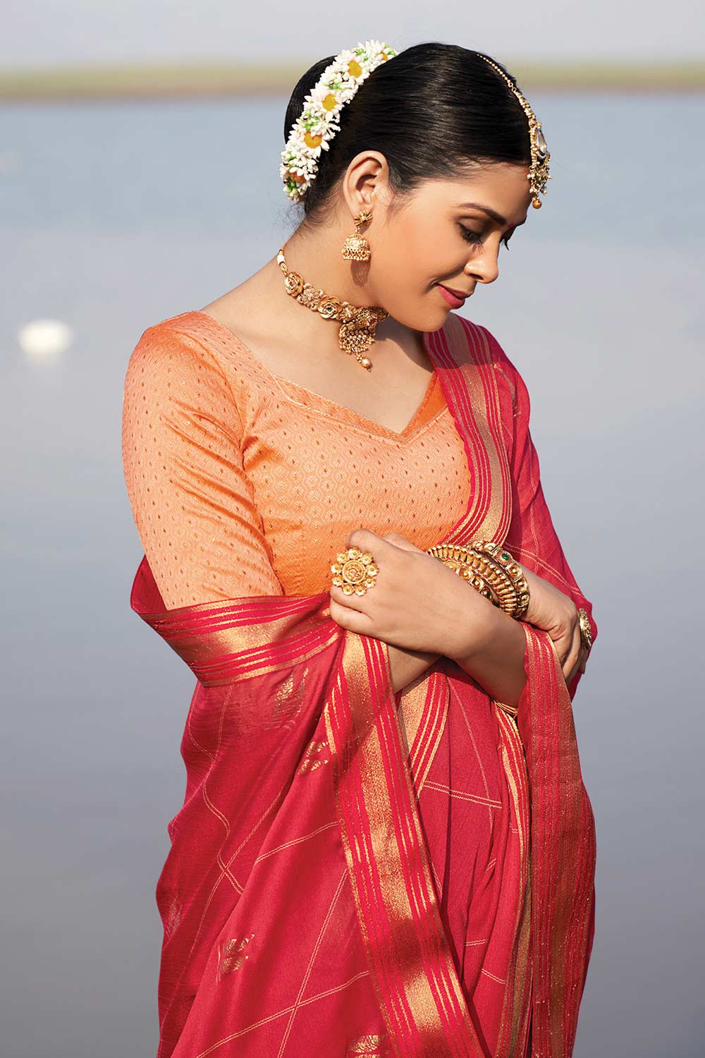 Pink Chiffon Checkered Embellished Saree