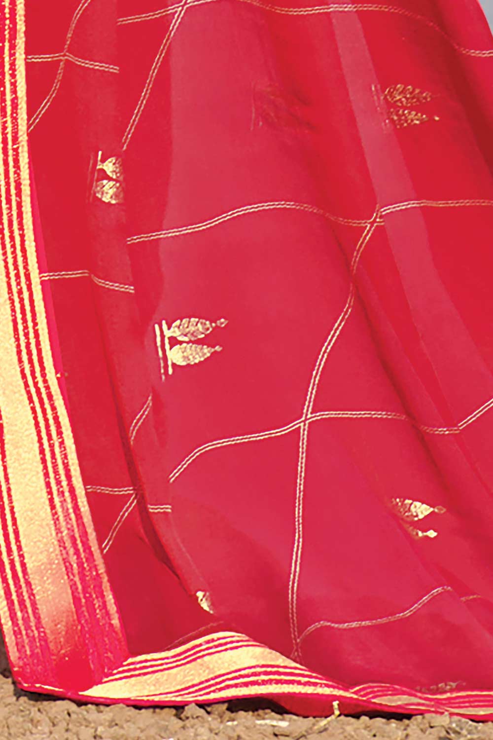 Pink Chiffon Checkered Embellished Saree