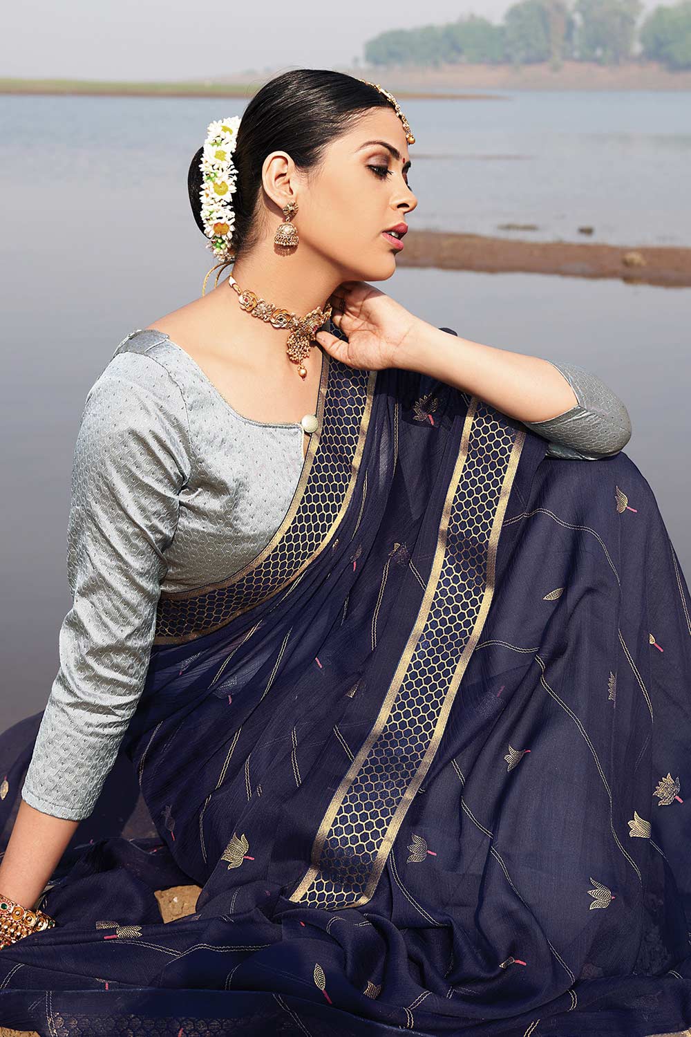 Navy Blue Chiffon Embellished Saree