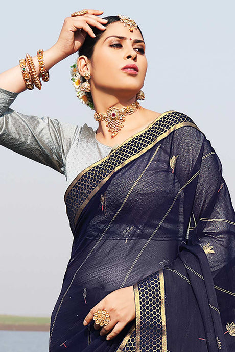 Navy Blue Chiffon Embellished Saree