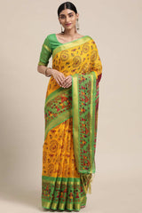 Yellow Linen Blend Warli Print Taant Saree