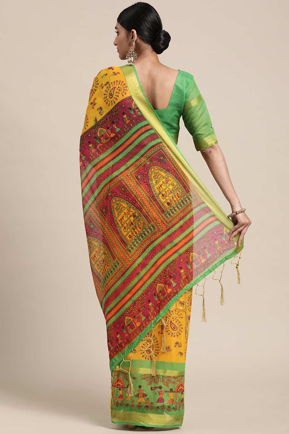 Yellow Linen Blend Warli Print Taant Saree