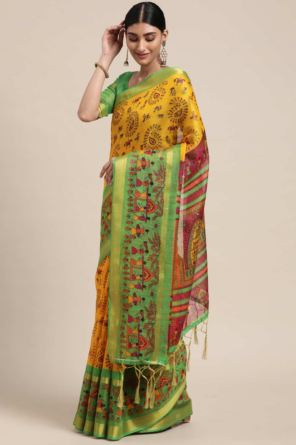 Yellow Linen Blend Warli Print Taant Saree